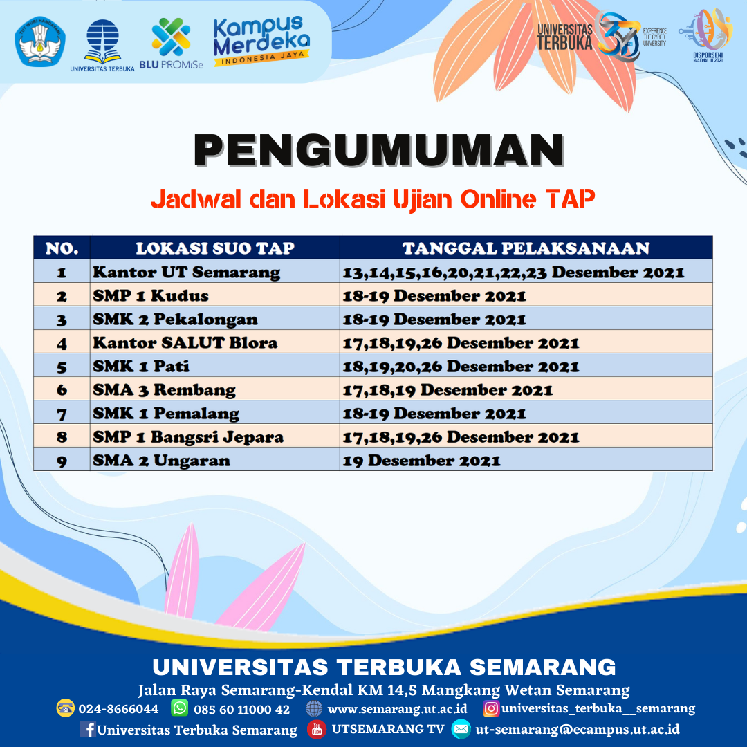 Informasi : (UPDATE TERBARU 13 Desember 2021) Jadwal dan Lokasi Ujian Online TAP